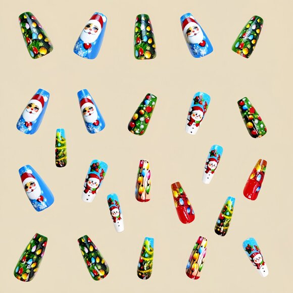 24pcs Festive Christmas Press-On Nails Set, Medium Length Ballet Shape with Sant - Picture 3 of 5